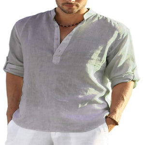 Men's Casual Cotton Linen Solid Color Long Sleeve Shirt Loose Stand Collar - MISSCLAUS
