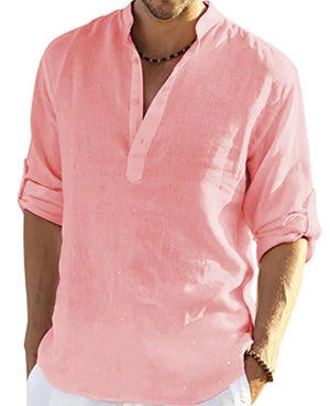 Men's Casual Cotton Linen Solid Color Long Sleeve Shirt Loose Stand Collar - MISSCLAUS