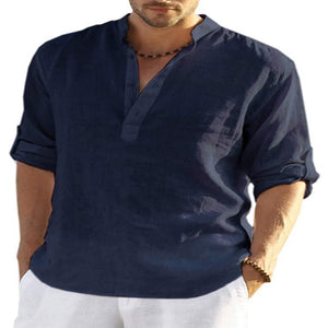 Men's Casual Cotton Linen Solid Color Long Sleeve Shirt Loose Stand Collar - MISSCLAUS
