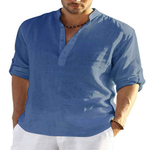 Men's Casual Cotton Linen Solid Color Long Sleeve Shirt Loose Stand Collar - MISSCLAUS