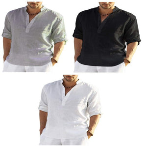 Men's Casual Cotton Linen Solid Color Long Sleeve Shirt Loose Stand Collar - MISSCLAUS