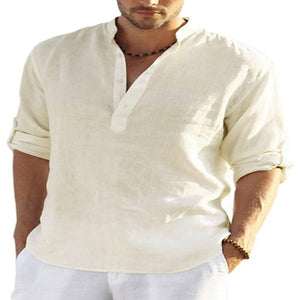 Men's Casual Cotton Linen Solid Color Long Sleeve Shirt Loose Stand Collar - MISSCLAUS