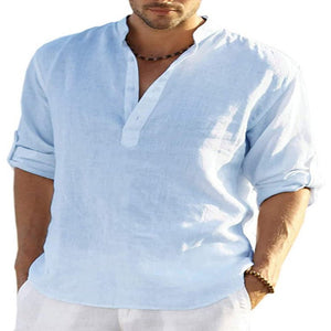 Men's Casual Cotton Linen Solid Color Long Sleeve Shirt Loose Stand Collar - MISSCLAUS