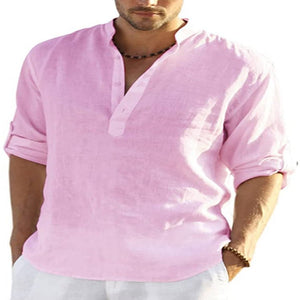 Men's Casual Cotton Linen Solid Color Long Sleeve Shirt Loose Stand Collar - MISSCLAUS