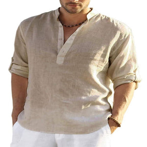 Men's Casual Cotton Linen Solid Color Long Sleeve Shirt Loose Stand Collar - MISSCLAUS