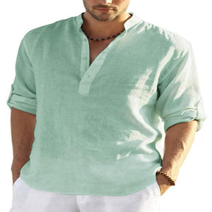 Men's Casual Cotton Linen Solid Color Long Sleeve Shirt Loose Stand Collar - MISSCLAUS