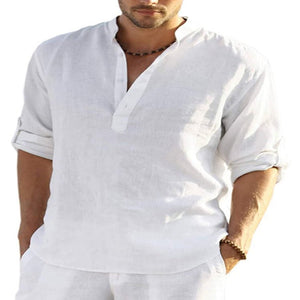 Men's Casual Cotton Linen Solid Color Long Sleeve Shirt Loose Stand Collar - MISSCLAUS