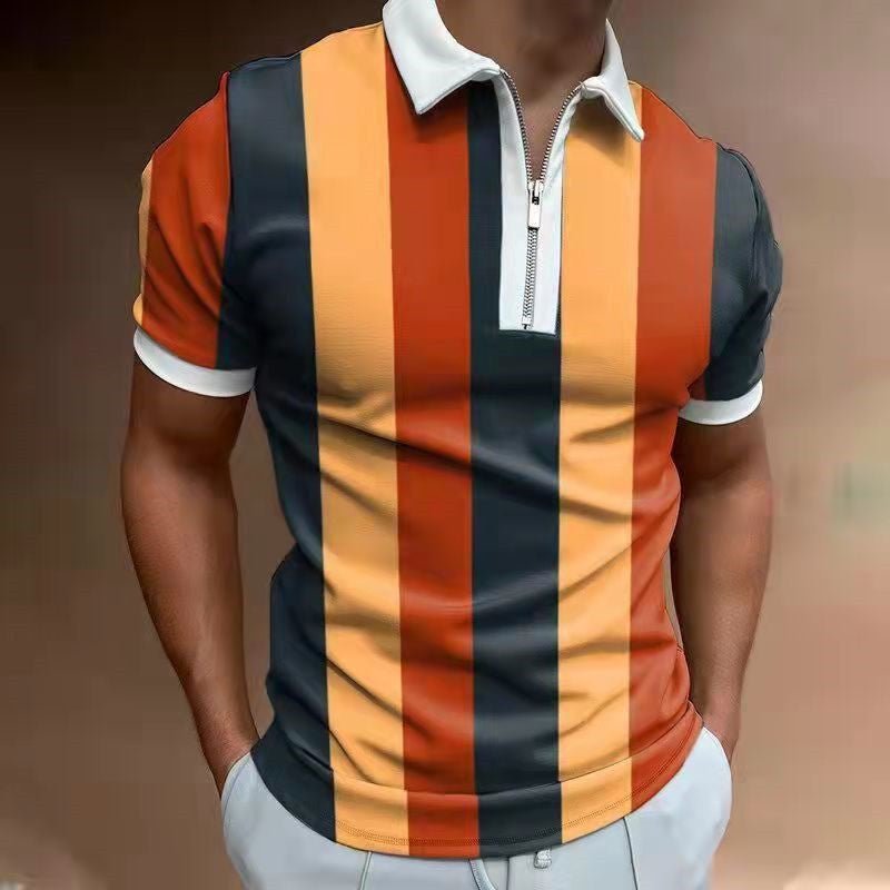 Men&#39;s POLO Shirt Striped Printed Short Sleeve T-Shirt Lapel Shirt - MISSCLAUS