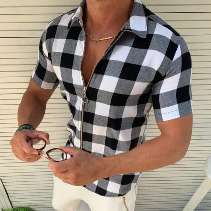 Plaid T Shirt Mens Zipper Short Sleeve Shirts Summer Men Clothing - MISSCLAUS