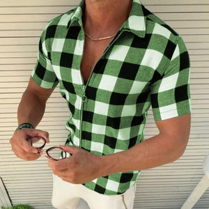 Plaid T Shirt Mens Zipper Short Sleeve Shirts Summer Men Clothing - MISSCLAUS