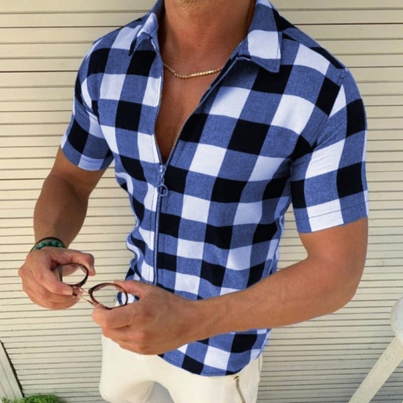 Plaid T Shirt Mens Zipper Short Sleeve Shirts Summer Men Clothing - MISSCLAUS