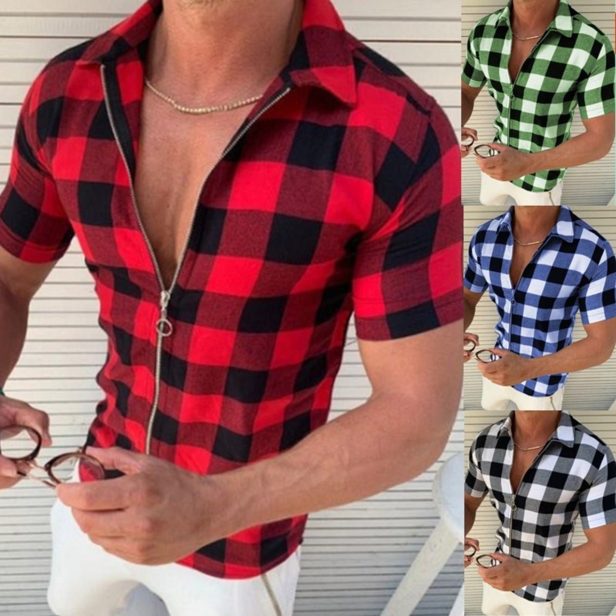 Plaid T Shirt Mens Zipper Short Sleeve Shirts Summer Men Clothing - MISSCLAUS