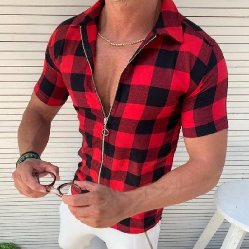 Plaid T Shirt Mens Zipper Short Sleeve Shirts Summer Men Clothing - MISSCLAUS