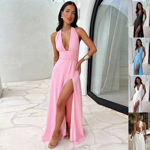 Sexy Halterneck V - neck Slit Dress Summer Backless Strappy Skirt Fashion Temperament Clothing Women - MISSCLAUS