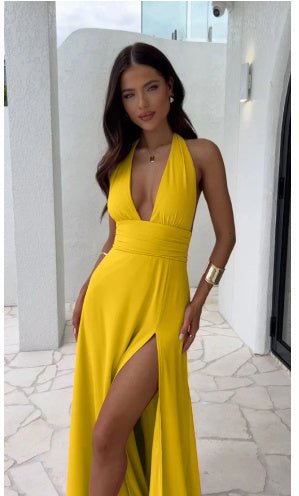 Sexy Halterneck V - neck Slit Dress Summer Backless Strappy Skirt Fashion Temperament Clothing Women - MISSCLAUS