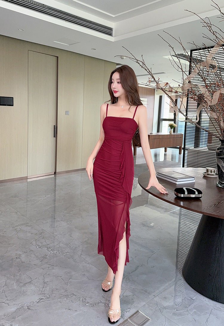 Sexy Long Mesh Hip Spaghetti Straps Design Sense Dress - MISSCLAUS