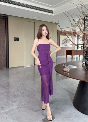 Sexy Long Mesh Hip Spaghetti Straps Design Sense Dress - MISSCLAUS