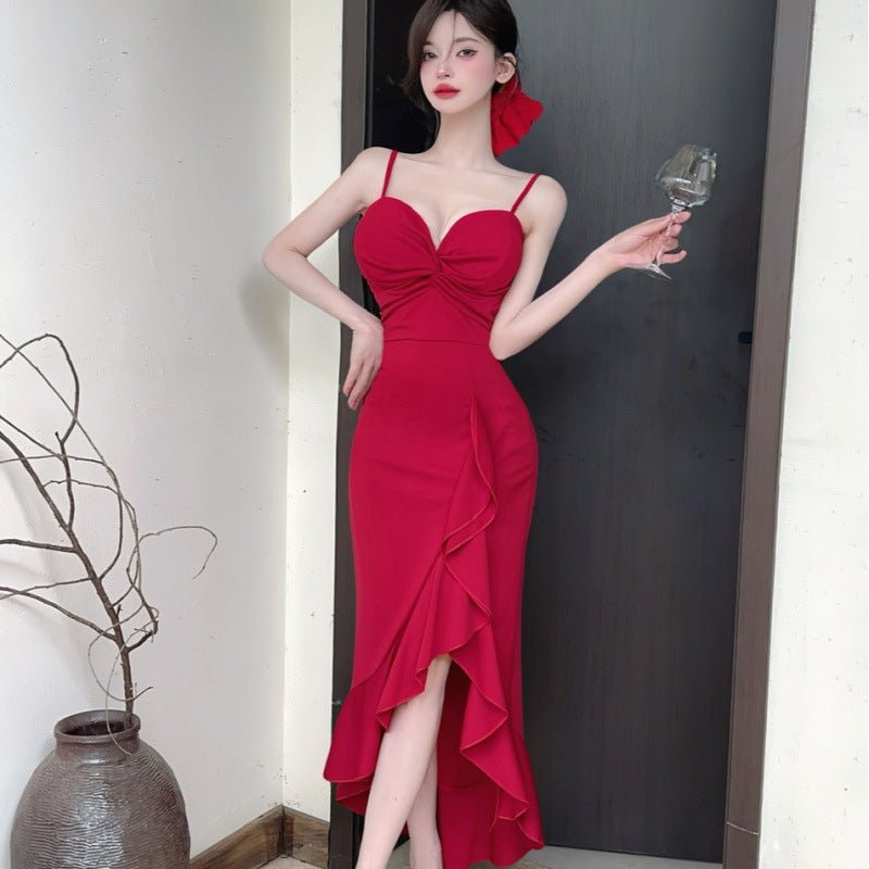 Sexy Long Spaghetti - strap Ruffle Bottoming Skinny Dress - MISSCLAUS