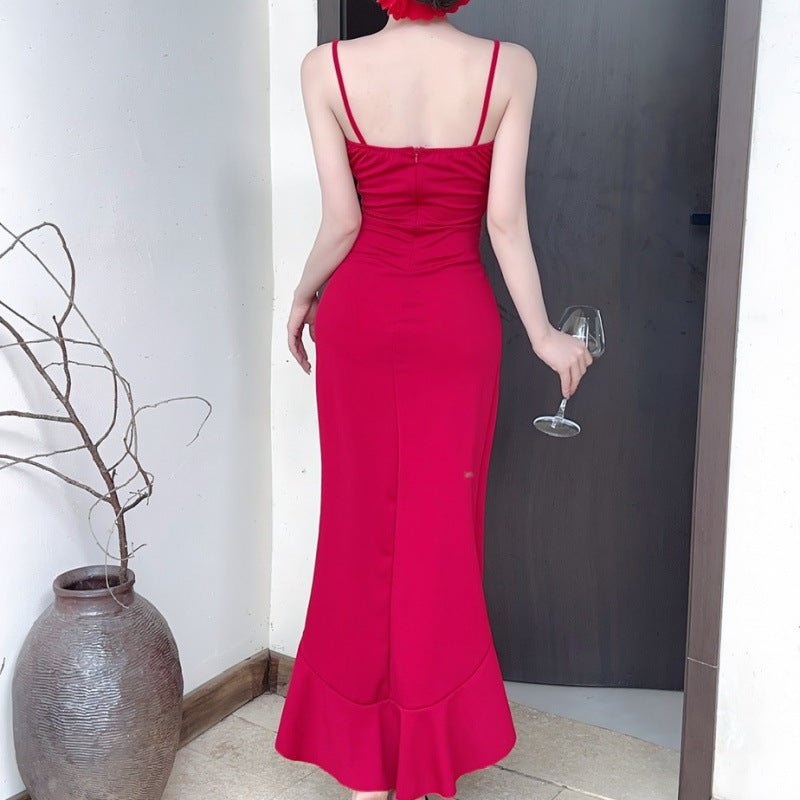 Sexy Long Spaghetti - strap Ruffle Bottoming Skinny Dress - MISSCLAUS