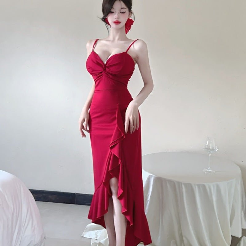 Sexy Long Spaghetti - strap Ruffle Bottoming Skinny Dress - MISSCLAUS