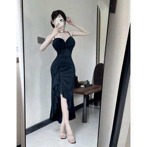 Sexy Long Spaghetti - strap Ruffle Bottoming Skinny Dress - MISSCLAUS