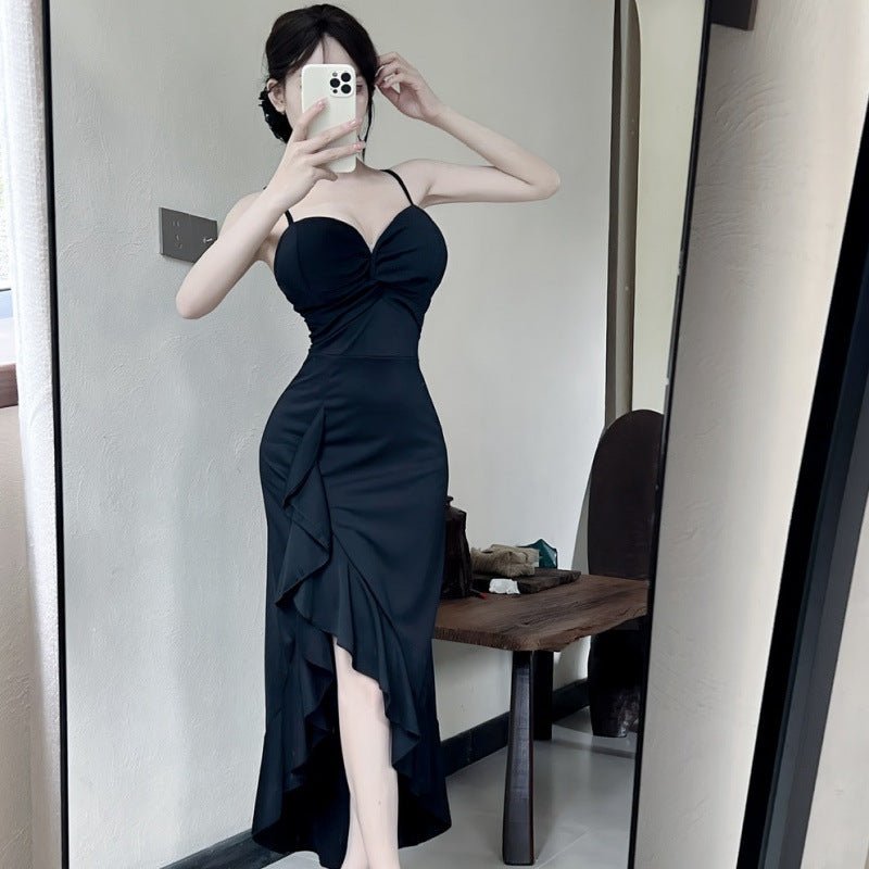 Sexy Long Spaghetti - strap Ruffle Bottoming Skinny Dress - MISSCLAUS