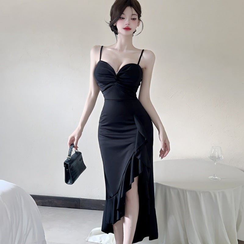 Sexy Long Spaghetti - strap Ruffle Bottoming Skinny Dress - MISSCLAUS
