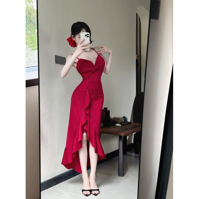 Sexy Long Spaghetti - strap Ruffle Bottoming Skinny Dress - MISSCLAUS