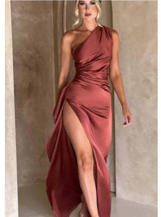 Sexy One - shoulder Backless Slit Dress Summer Elegant Slim - fit Solid Color Satin Dresses For Women - MISSCLAUS
