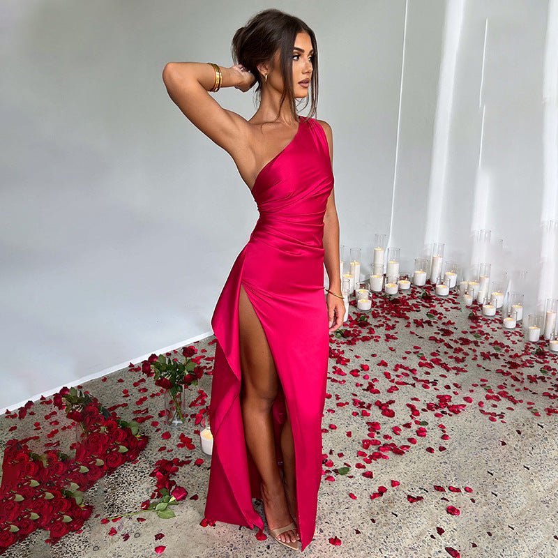 Sexy One - shoulder Backless Slit Dress Summer Elegant Slim - fit Solid Color Satin Dresses For Women - MISSCLAUS
