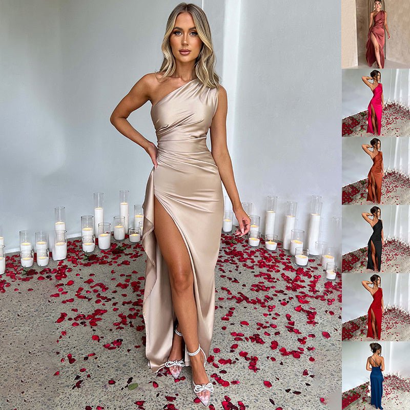 Sexy One - shoulder Backless Slit Dress Summer Elegant Slim - fit Solid Color Satin Dresses For Women - MISSCLAUS