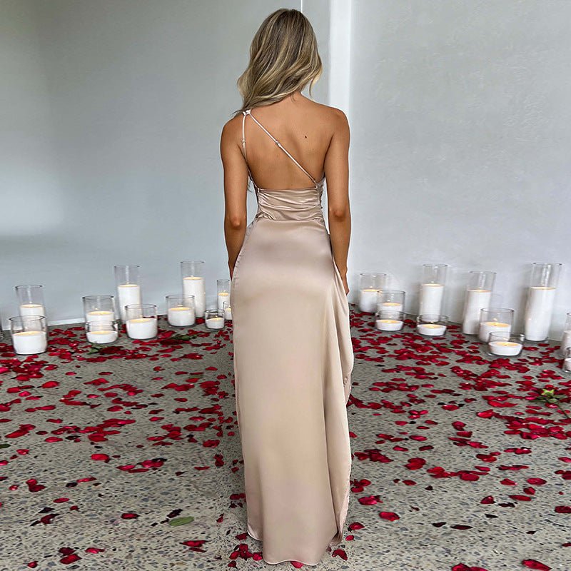 Sexy One - shoulder Backless Slit Dress Summer Elegant Slim - fit Solid Color Satin Dresses For Women - MISSCLAUS