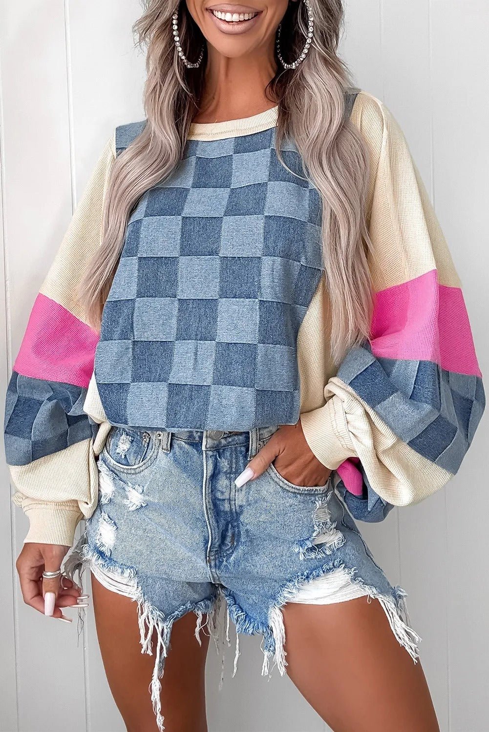 Sky Blue Oversized Checkered Denim Exposed Seam Patchwork Casual Sweatshirt - MISSCLAUS