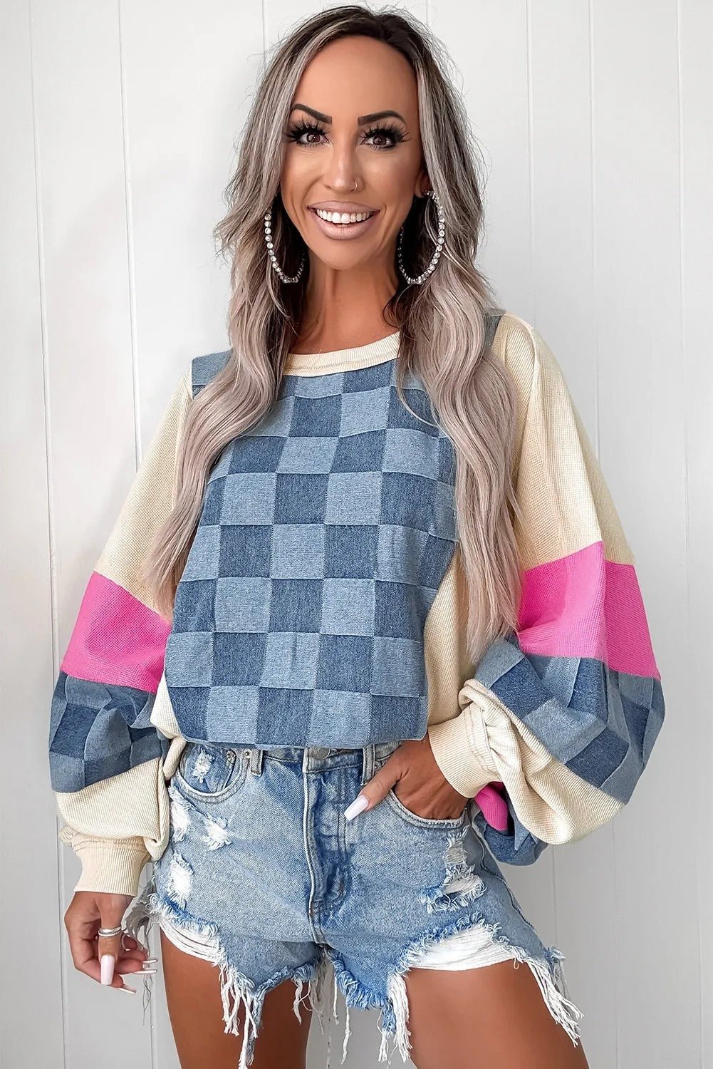 Sky Blue Oversized Checkered Denim Exposed Seam Patchwork Casual Sweatshirt - MISSCLAUS