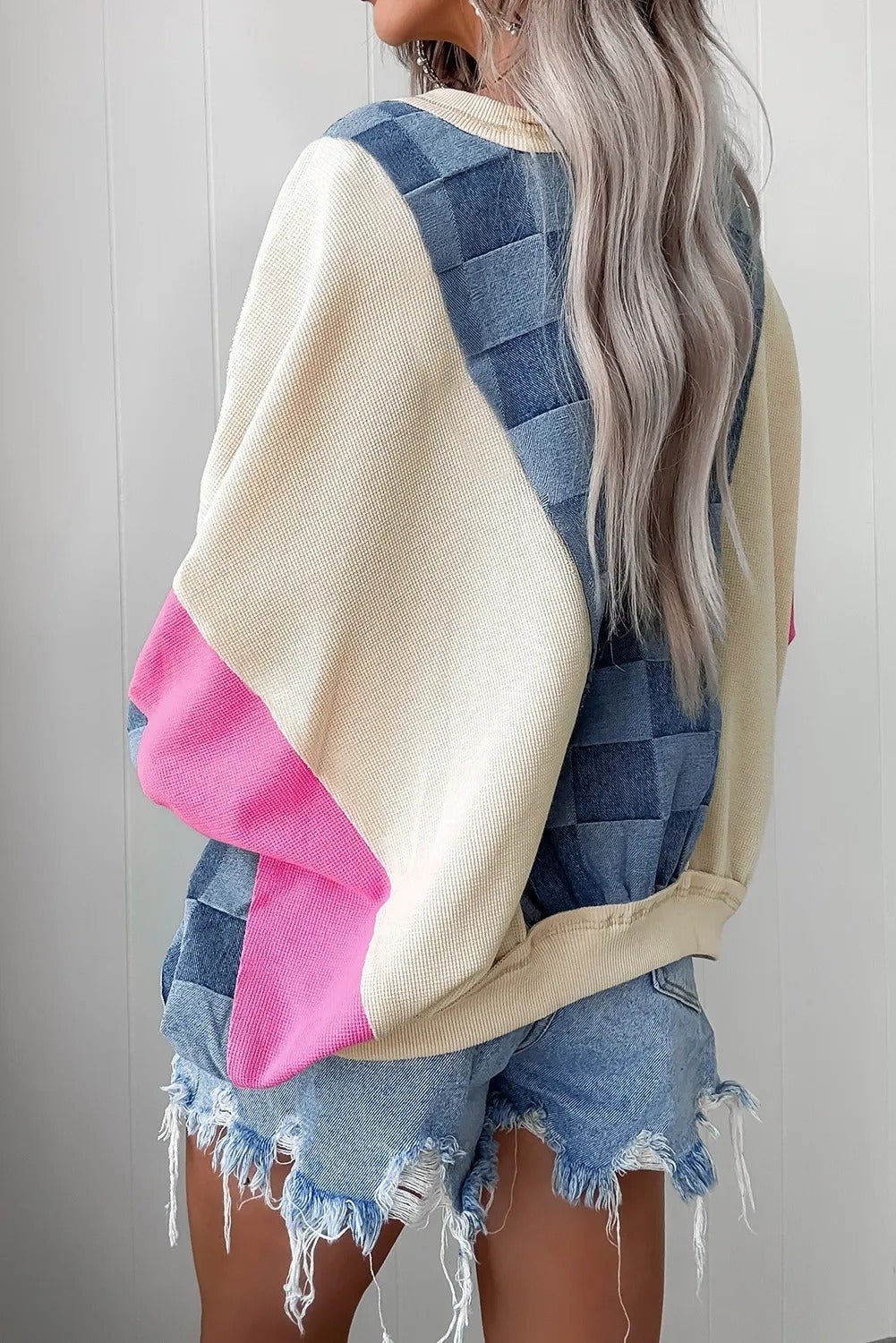 Sky Blue Oversized Checkered Denim Exposed Seam Patchwork Casual Sweatshirt - MISSCLAUS