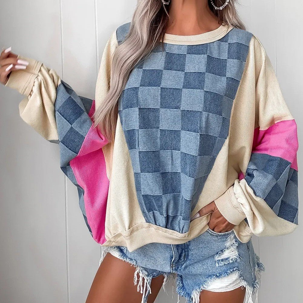 Sky Blue Oversized Checkered Denim Exposed Seam Patchwork Casual Sweatshirt - MISSCLAUS
