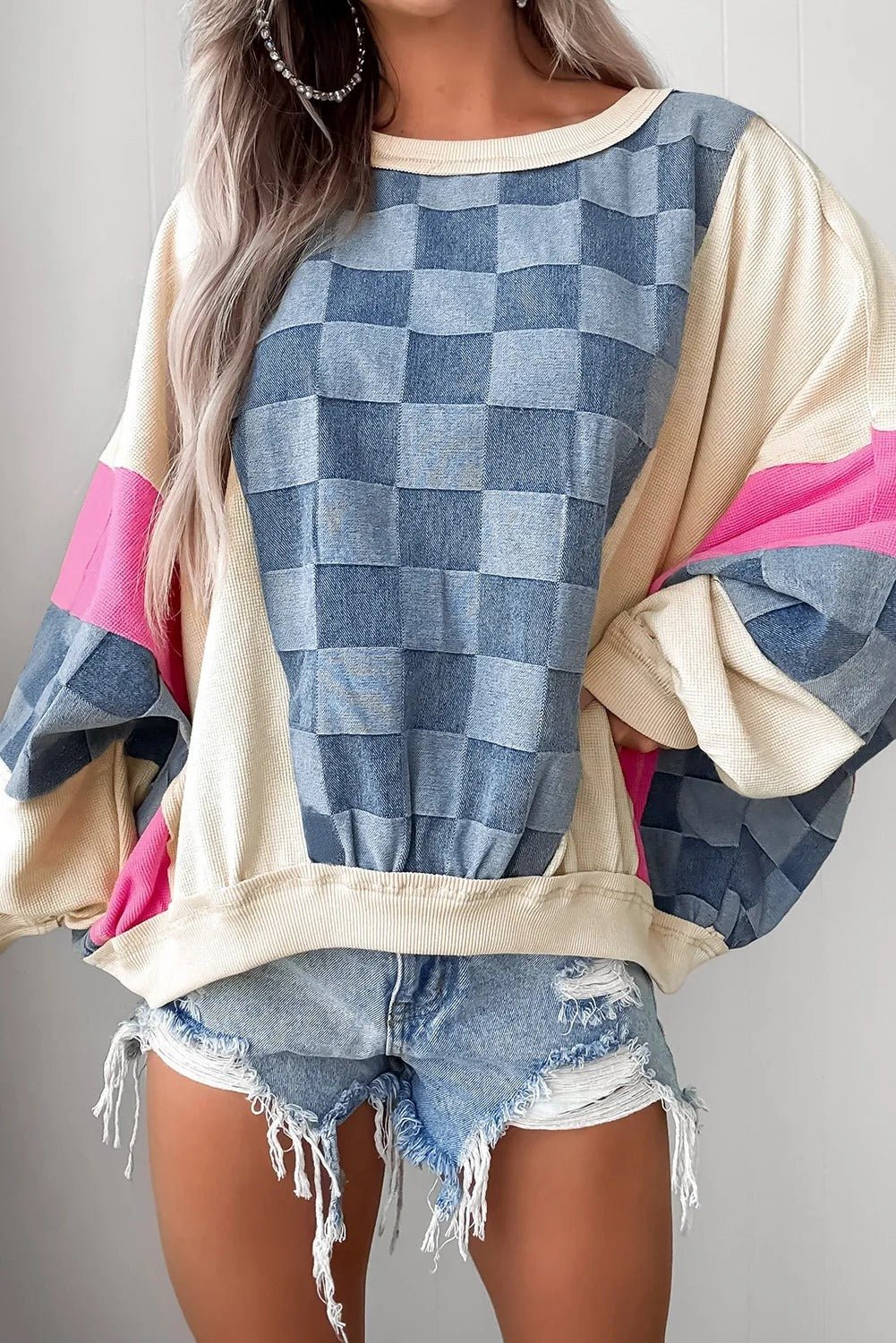 Sky Blue Oversized Checkered Denim Exposed Seam Patchwork Casual Sweatshirt - MISSCLAUS
