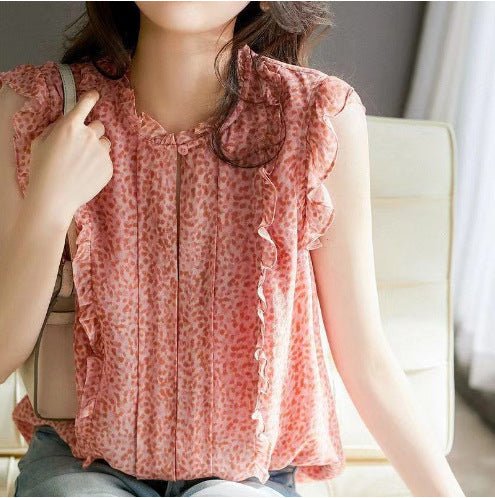 Sleeveless Ruffled Floral Women&#39;s Loose Sweet Chiffon Printed Top - MISSCLAUS