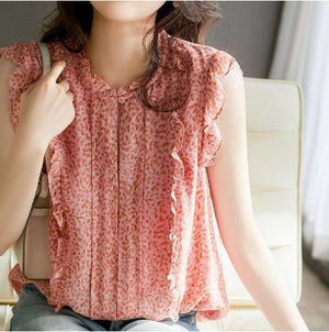 Sleeveless Ruffled Floral Women's Loose Sweet Chiffon Printed Top - MISSCLAUS