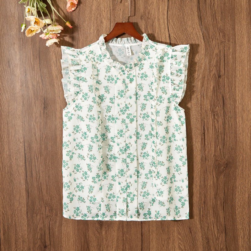 Sleeveless Ruffled Floral Women&#39;s Loose Sweet Chiffon Printed Top - MISSCLAUS