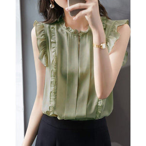 Sleeveless Ruffled Floral Women's Loose Sweet Chiffon Printed Top - MISSCLAUS