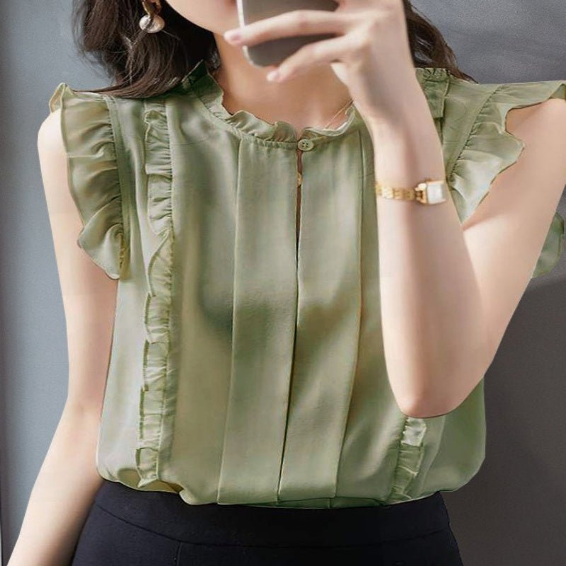 Sleeveless Ruffled Floral Women&#39;s Loose Sweet Chiffon Printed Top - MISSCLAUS