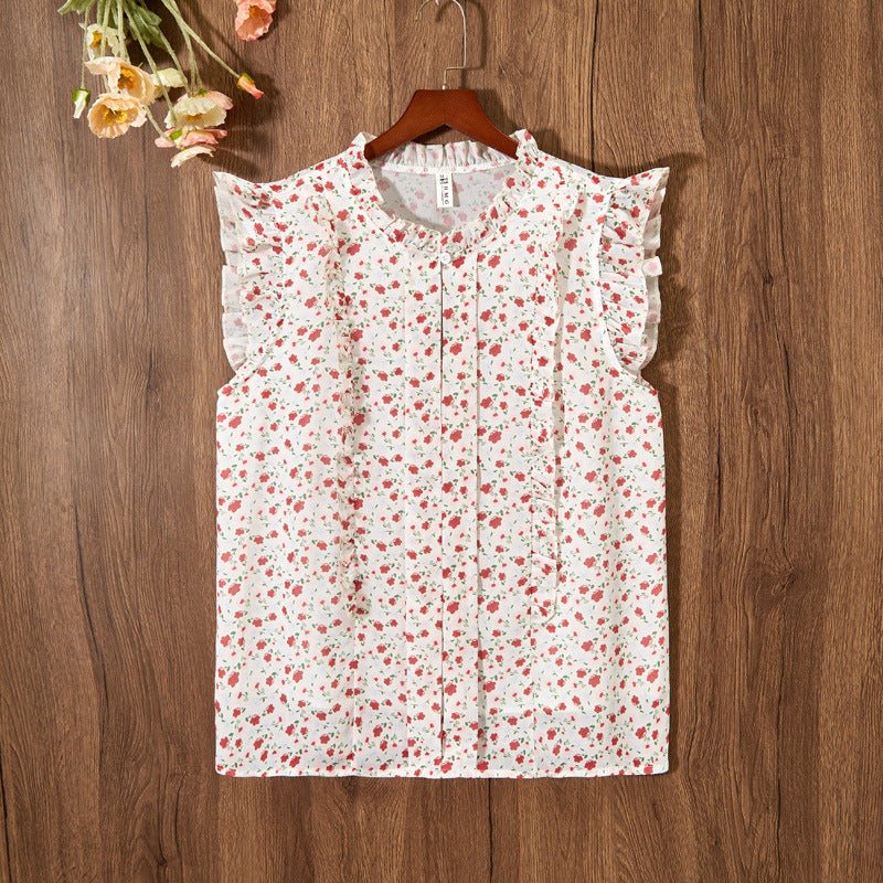 Sleeveless Ruffled Floral Women&#39;s Loose Sweet Chiffon Printed Top - MISSCLAUS