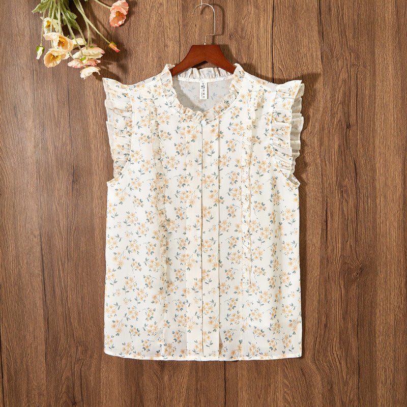 Sleeveless Ruffled Floral Women&#39;s Loose Sweet Chiffon Printed Top - MISSCLAUS