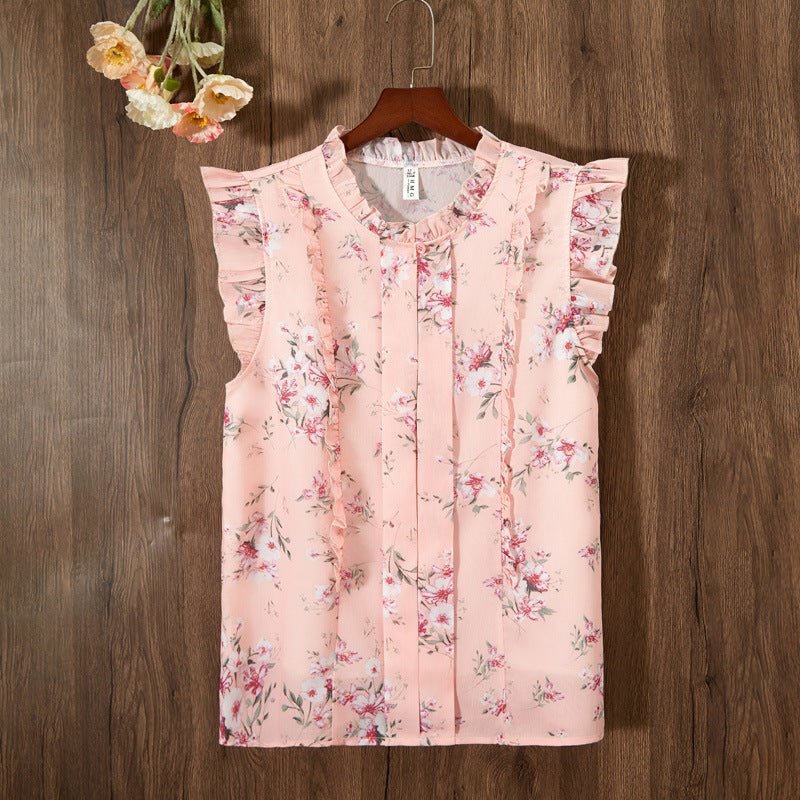 Sleeveless Ruffled Floral Women&#39;s Loose Sweet Chiffon Printed Top - MISSCLAUS