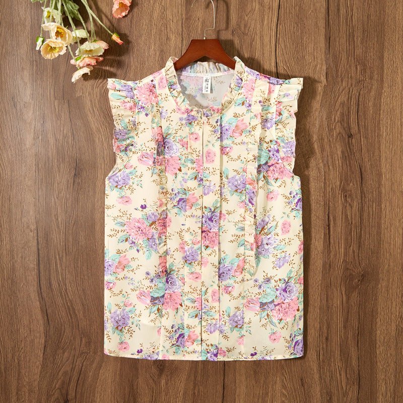 Sleeveless Ruffled Floral Women&#39;s Loose Sweet Chiffon Printed Top - MISSCLAUS