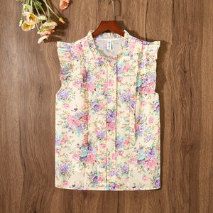 Sleeveless Ruffled Floral Women's Loose Sweet Chiffon Printed Top - MISSCLAUS