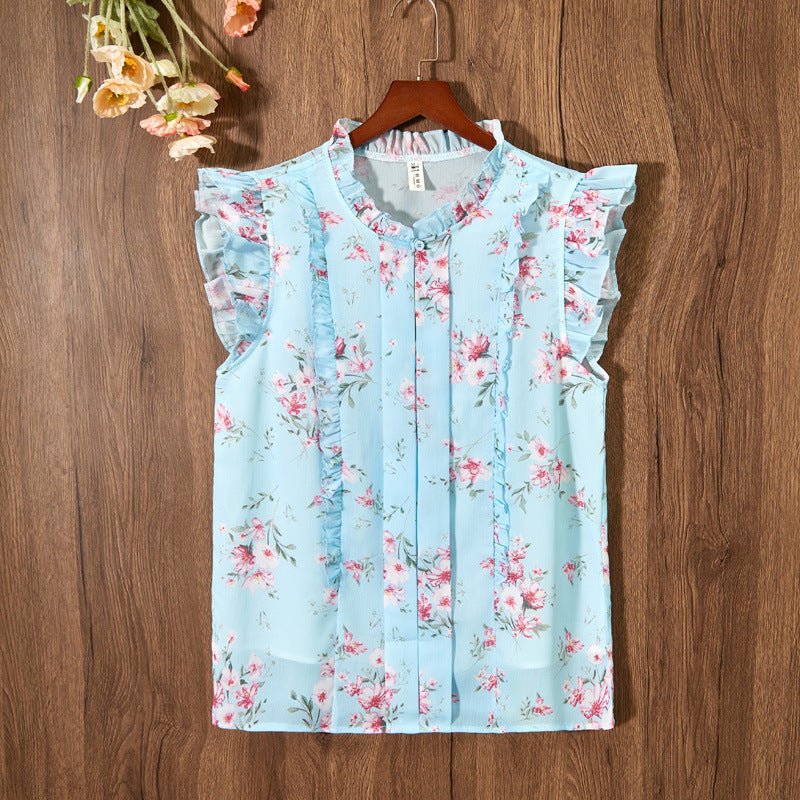 Sleeveless Ruffled Floral Women&#39;s Loose Sweet Chiffon Printed Top - MISSCLAUS