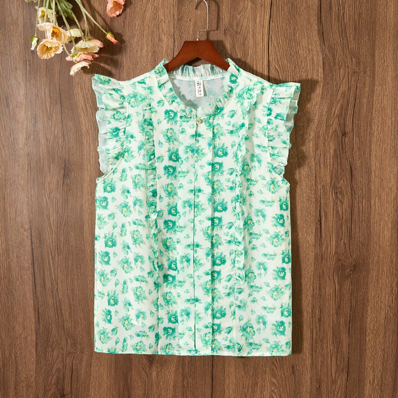 Sleeveless Ruffled Floral Women&#39;s Loose Sweet Chiffon Printed Top - MISSCLAUS