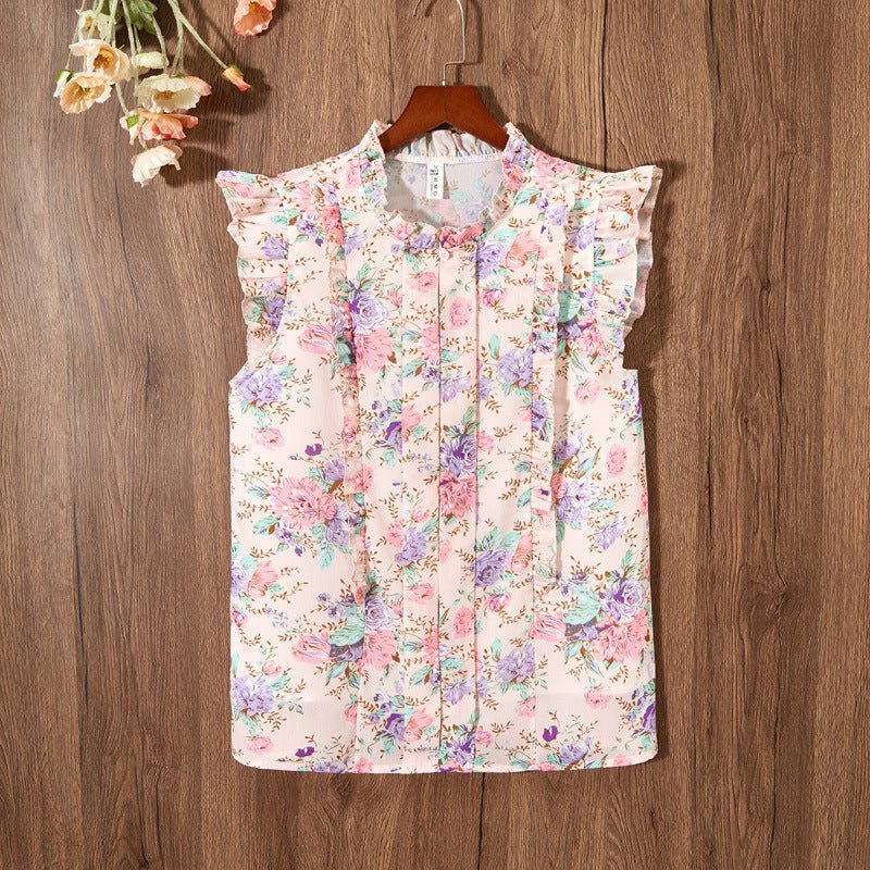 Sleeveless Ruffled Floral Women&#39;s Loose Sweet Chiffon Printed Top - MISSCLAUS
